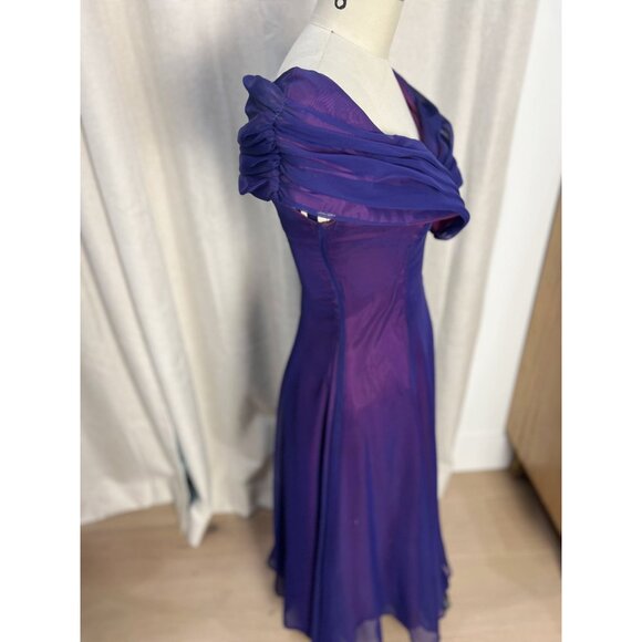 Vintage 90s CACHE Purple Chiffon Off Shoulder Evening Gown Made in USA Small - Picture 4 of 7